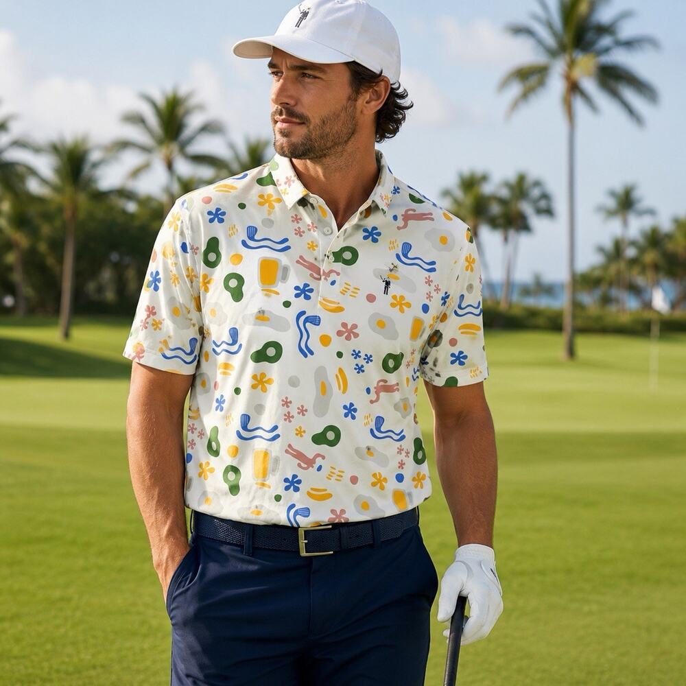 William Murray Golf Avo Over Easy Polo Shirt Large Avocado Egg Beer Performance